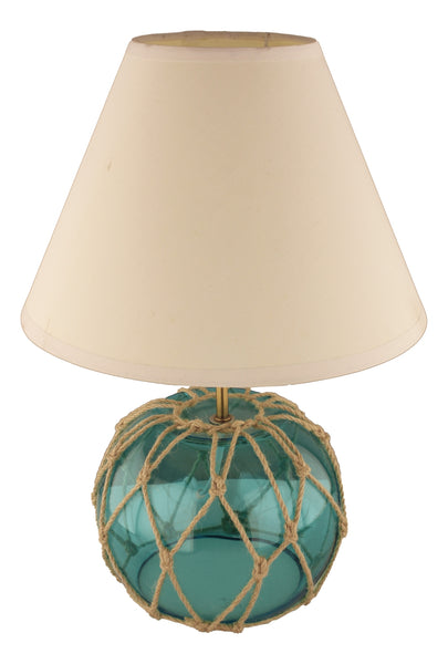 Tischlampe mit Fuß als Fischerkugel und Stoffschirm