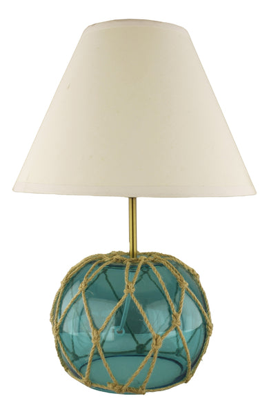 Tischlampe mit Fuß als Fischerkugel und Stoffschirm