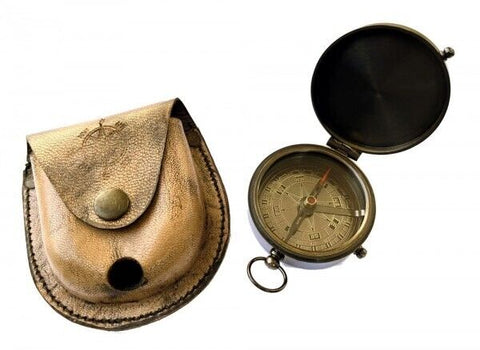 Kompass mit Deckel - Messing brüniert- Antikstil + Lederetui