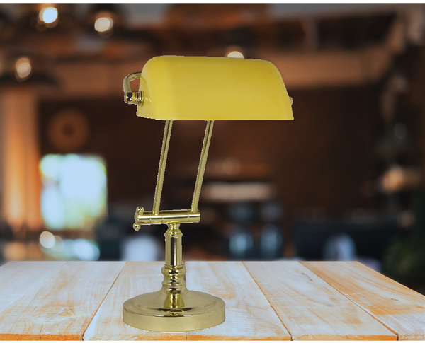 Schreibtisch/Bankierlampe Messingfuß mit Kniegelenk H. bis max. 45 cm- mit Glasschirm gelb- schwenkbar