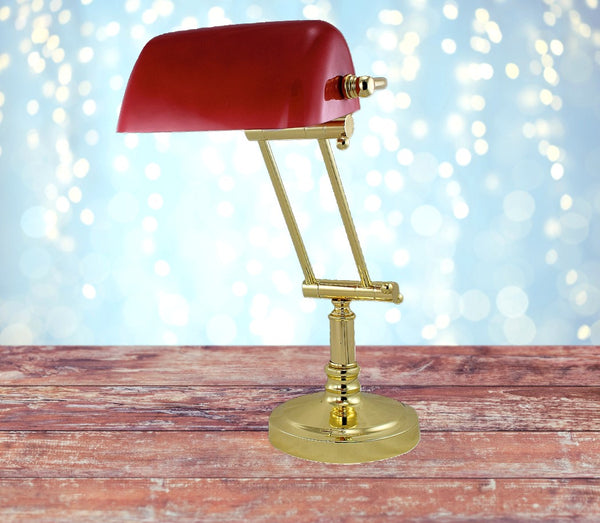 Schreibtisch/Bankierslampe Messingfuß mit Kniegelenk H. bis max. 45 cm- mit Glasschirm rot- schwenkbar