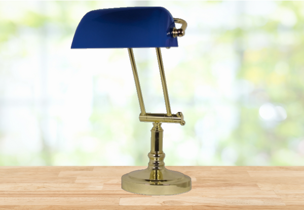 Schreibtisch/Bankierlampe Messingfuß mit Kniegelenk H. bis max. 45 cm- mit Glasschirm blau- schwenkbar