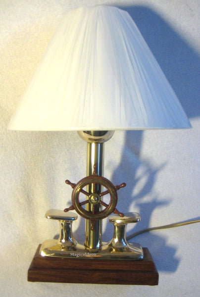 Maritime- Lampe - Messing und Holz + Stoffschirm 35 cm- Pollerlampe