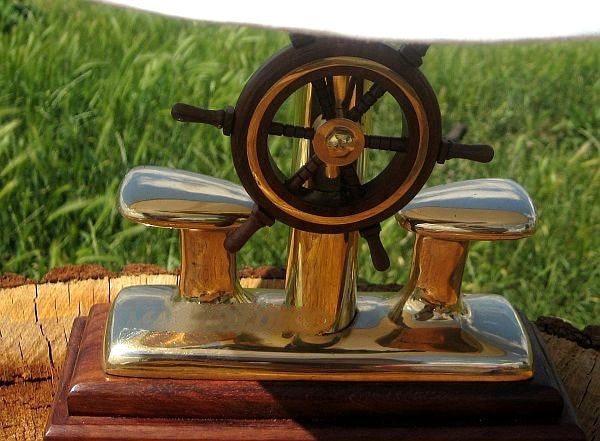 Maritime- Lampe - Messing und Holz + Stoffschirm 35 cm- Pollerlampe