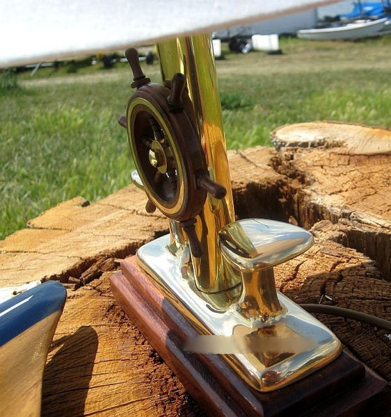 Maritime- Lampe - Messing und Holz + Stoffschirm 35 cm- Pollerlampe