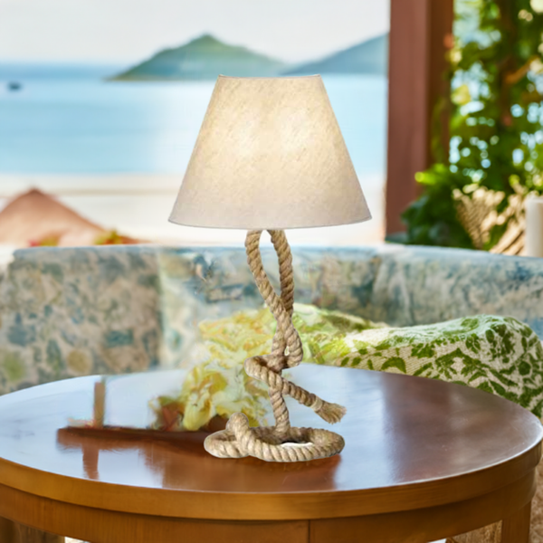 Taulampe- Tischlampe- 70 cm- gedrehter Natur- Hanf (robust) und Stoffschirm