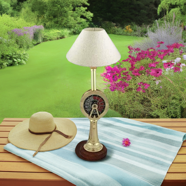 Tischlampe aus massiv Messing/Holz- mit Stoffschirm 45 cm- Telegraph