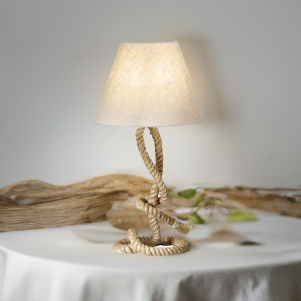 Taulampe- Tischlampe- 70 cm- gedrehter Natur- Hanf (robust) und Stoffschirm