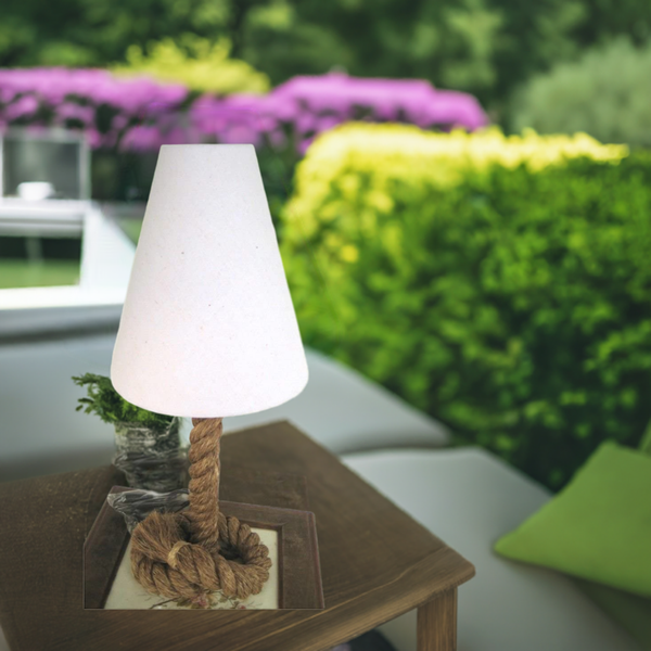 Tischlampe- 70 cm- gedrehter Hanf (robust) und Stoffschirm- Lampe Tau