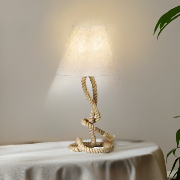 Taulampe- Tischlampe- 70 cm- gedrehter Natur- Hanf (robust) und Stoffschirm