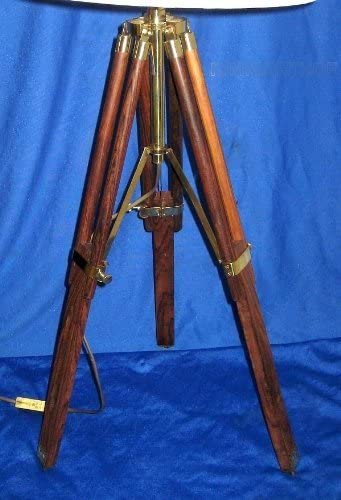 Stativlampe- Stehlampe- Tripod- Dreibeinlampe- Retro Klassiker aus Holz und Messing, Stoffschirm