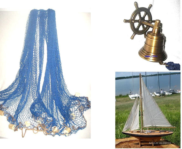 Geschenke/Piratenset bestehend aus Segelyacht, Schiffsglocke mit Steuerrad+ XL 3,4 m Fischernetz
