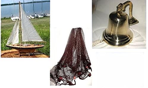 Geschenkeset bestehend aus Segelyacht, Große Schiffsglocke+ Fischernetz braun