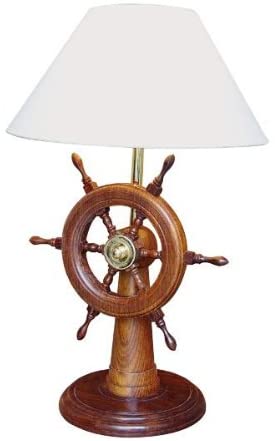 TOLLE Tischlampe- Steuerrad- H 55 cm- elektrisch- maritim- Holz/Messing- Stoffschirm