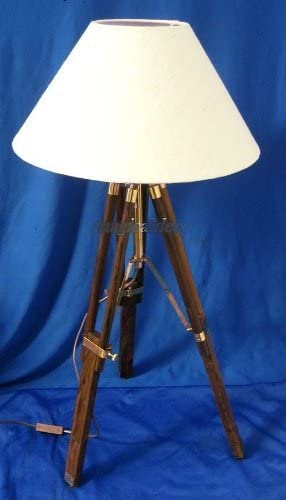 Stehlampe- Tripod- Dreibeinlampe- Retro Klassiker aus Holz und Messing, Stoffschirm