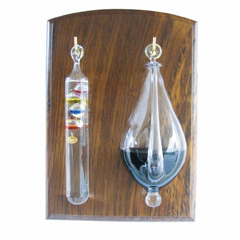 Wetterglas + Galileo/Glasthermometer auf Holz