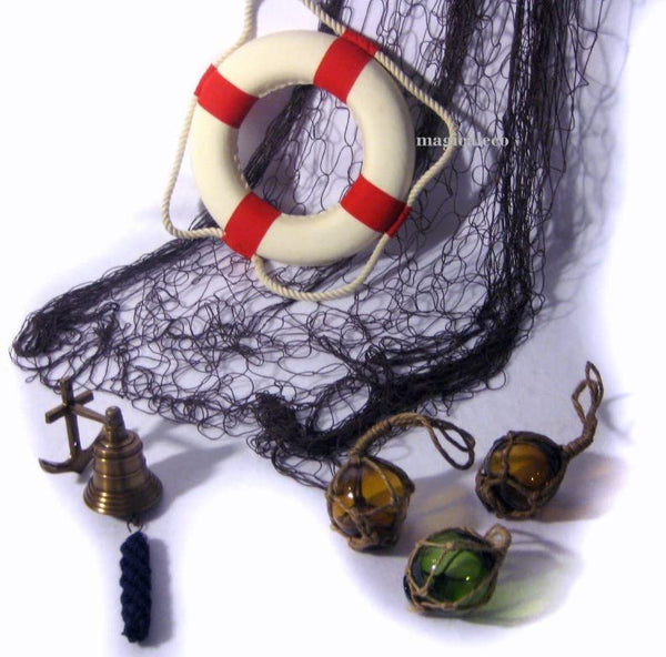 Juego de 6 marítimos - pequeñas bolas de pesca de 7,5 cm, campana de barco, red de pesca de 2x 1 m - aro salvavidas de 30 cm
