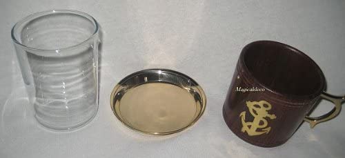 Grog- Glas/Tee- Glas- maritim- Messing, Holz und Glas mit Untersetzer- Ankermotiv