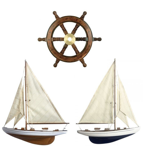 3er Set- Steuerrad 45 cm und 2x Halbmodell Yacht- Schiffsmodell