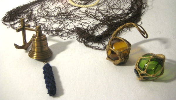 Juego de 6 marítimos - pequeñas bolas de pesca de 7,5 cm, campana de barco, red de pesca de 2x 1 m - aro salvavidas de 30 cm