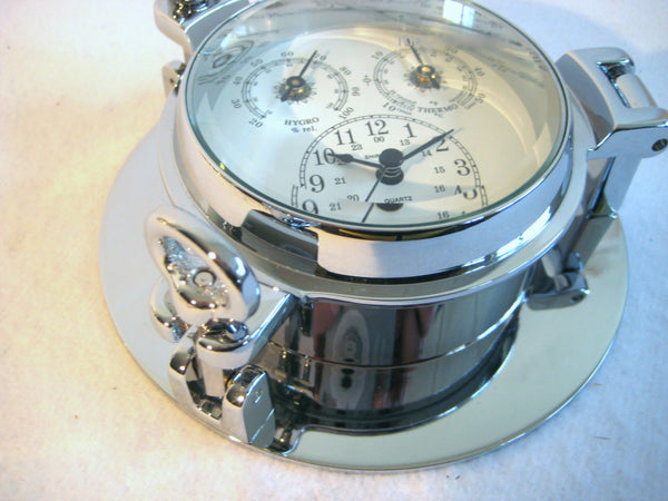 Uhr, Thermo- & Hygrometer-Bullauge, massiv Messing, verchromt