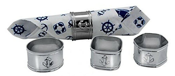 4X Serviettenringe aus Messing, vernickelt + 20 Servietten Leuchtturm, Steuerrad