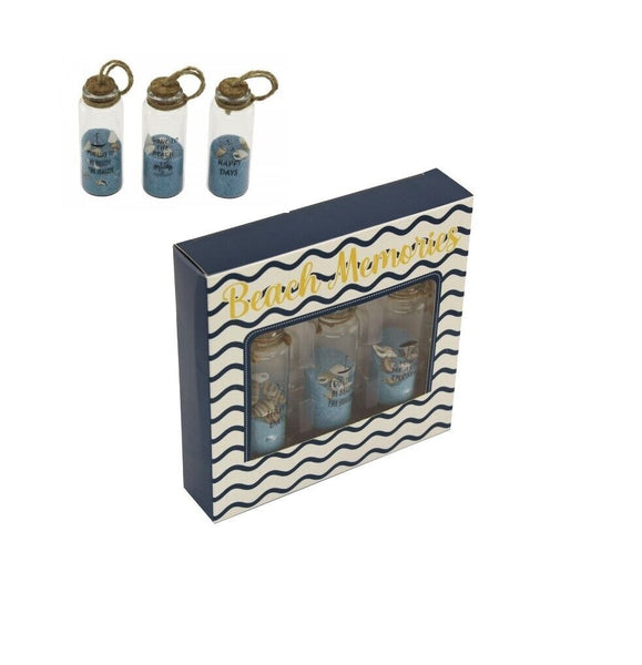 3er Set- kleine Fläschchen mit blauen Sand/Muscheln in Geschenkebox