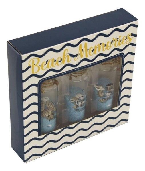 3er Set- kleine Fläschchen mit blauen Sand/Muscheln in Geschenkebox