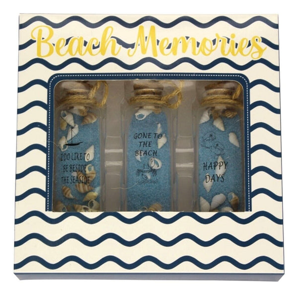 3er Set- kleine Fläschchen mit blauen Sand/Muscheln in Geschenkebox