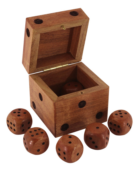 6 Würfel in Holzbox mit Klappdeckel und Lasergravur - Aufbewahrung Würfel, kein Würfelbecher