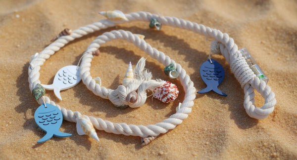 Lange Kordel/Wandhänger aus Baumwolle/Metall/Resin, Fisch, Muschel- Lichterkette 150 cm