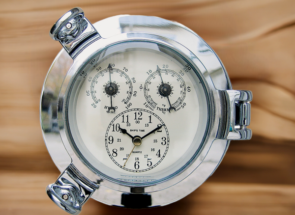 Uhr, Thermo- & Hygrometer-Bullauge, massiv Messing, verchromt