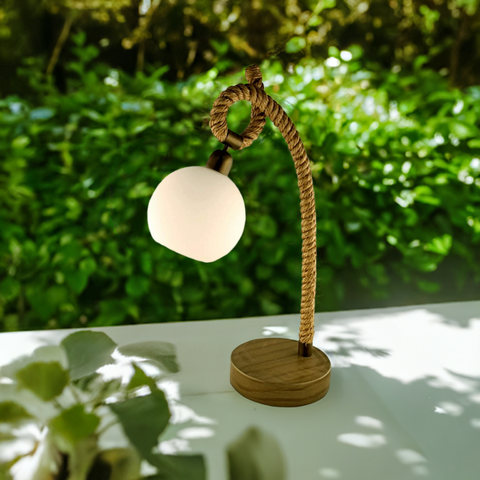 Taulampe mit Schirm- H 69 cm, gedrehter Hanf- Glasschirm milchig weiß- Tischlampe