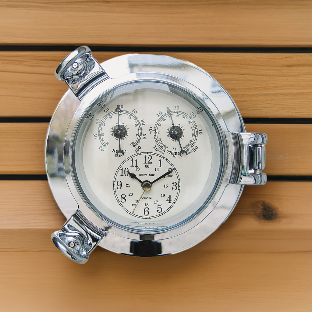 Uhr, Thermo- & Hygrometer-Bullauge, massiv Messing, verchromt