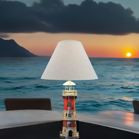 Tischlampe Leuchtturm mit Stoffschirm- maritim- Metall- Shabby- rot