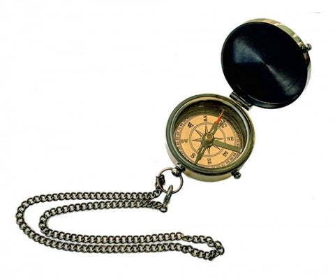 Taschenkompass mit langer Kette- Antikmessing- Kompass
