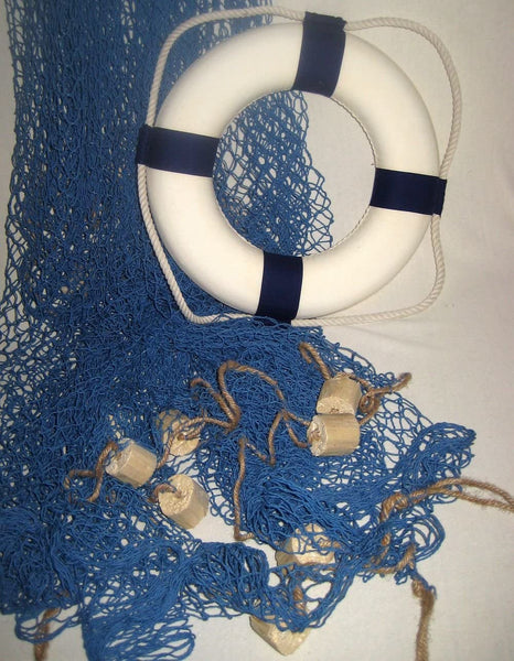 Piratenset- Fischernetz mit Schwimmern blau 2,5x 2,5 m, Schiffsglocke, Rettungsring blau/weiß- maritime Deko
