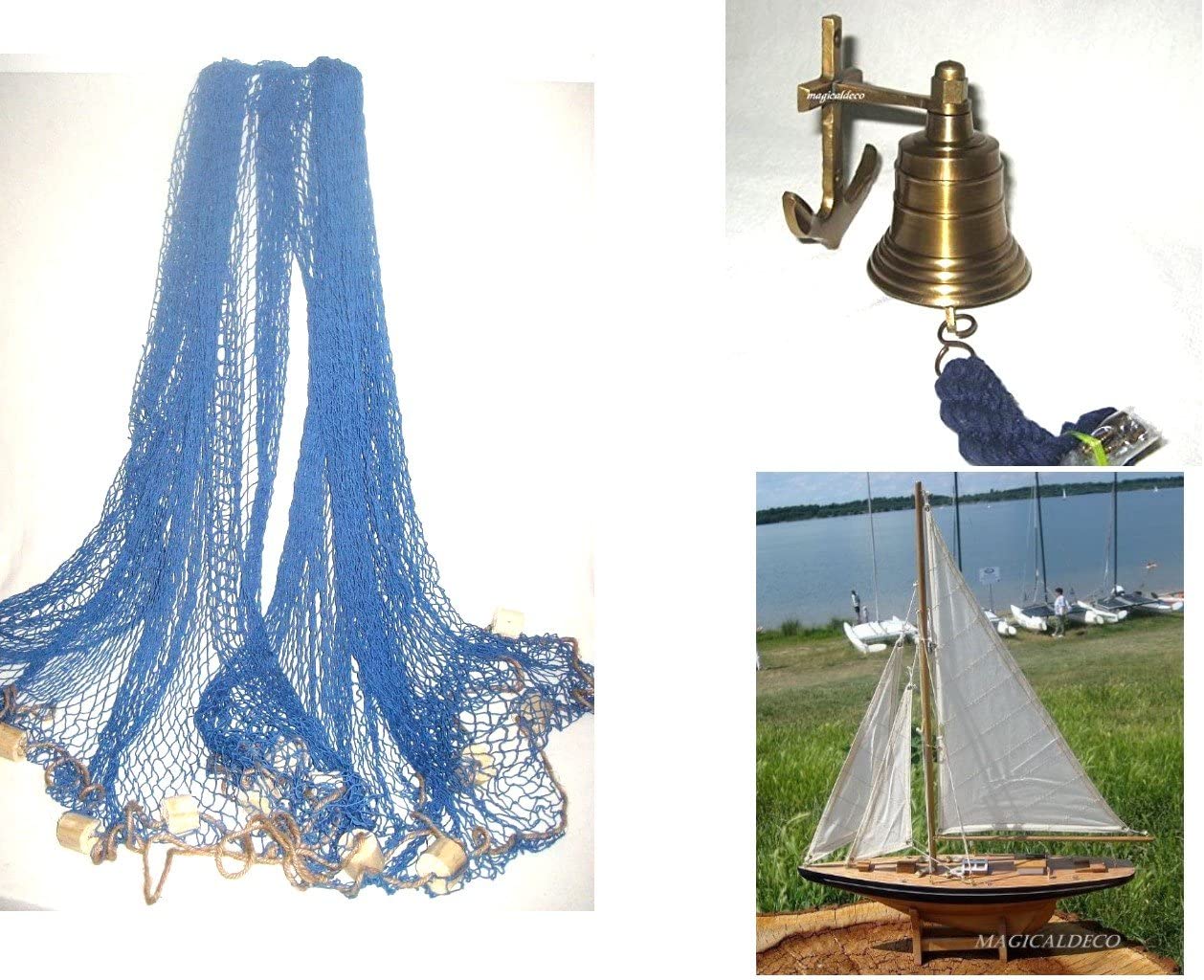 Geschenkset bestehend aus Segelyacht, Schiffsglocke+ XL 3,4 m blaues Fischernetz