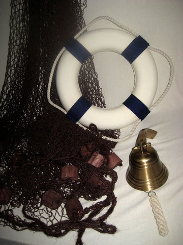 Piratenset- Fischernetz mit Schwimmern braun 2,5x 2,5 m, Schiffsglocke, Rettungsring blau/weiß- maritime Deko