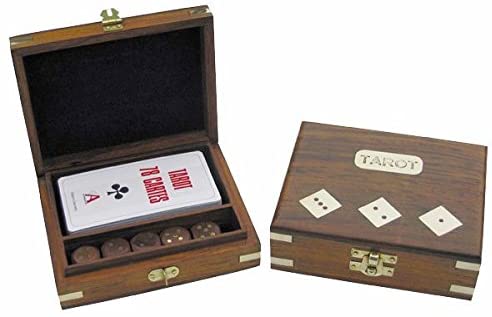 Tarot- Kartenspiel+ Würfel in Holzbox mit Messingintarsien