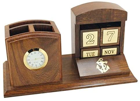 Doppel- Stifthalter aus Holz und Messing- mit Kalender manuell- Uhr