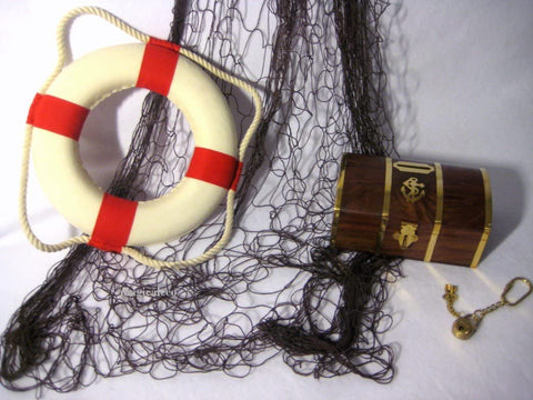 3er Set maritim- Spardose mit Schloß- Fischernetz 2X 4 m- Rettungsring 14 cm
