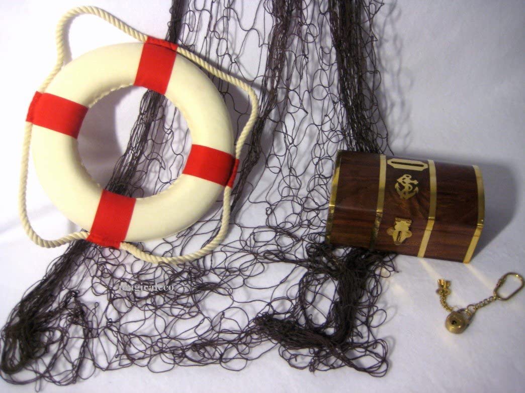 3er Set maritim- Spardose mit Schloß- Fischernetz 2X 1 m- Rettungsring 20 cm