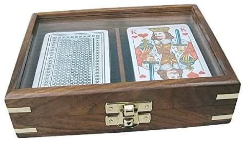 Doppeltes Kartenspiel in Holzbox mit Glasdeckel und Messingintarsien