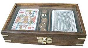 Doppeltes Kartenspiel+ Würfel in Holzbox mit Glasdeckel und Messingintarsien