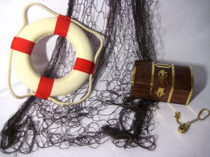3er Set maritim- Spardose mit Schloß- Fischernetz 2X 4 m- Rettungsring 30 cm