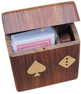 Kartenspiel+ Würfel in Holzbox mit Klappdeckel und Messingintarsien
