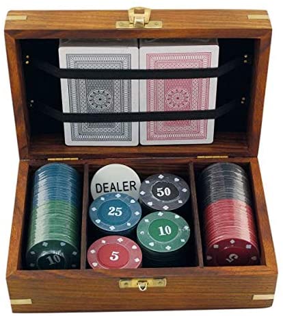 Pokerspiel in Holzbox mit Messingintarsien