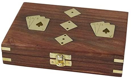 Doppeltes Kartenspiel+ Würfel in dekorativer Holzbox mit Messingintarsien