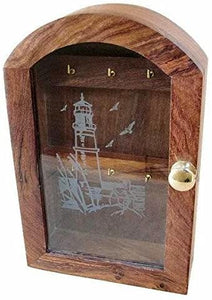 Maritimer Schlüsselkasten mit Glasfront, Holz und Messingeinlagen- Motiv Leuchtturm